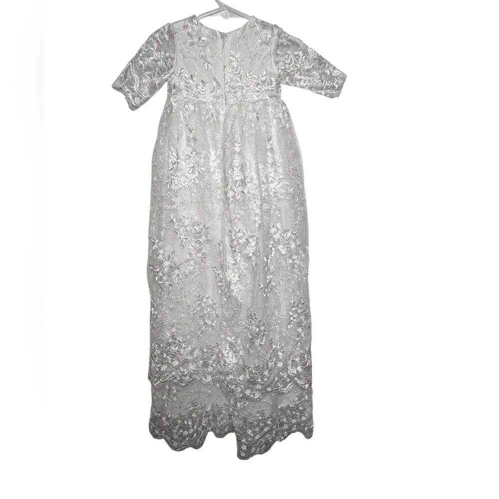 White Floral Lace Christening Gown Silver‎ Metallic Embroidery Baptism Dress